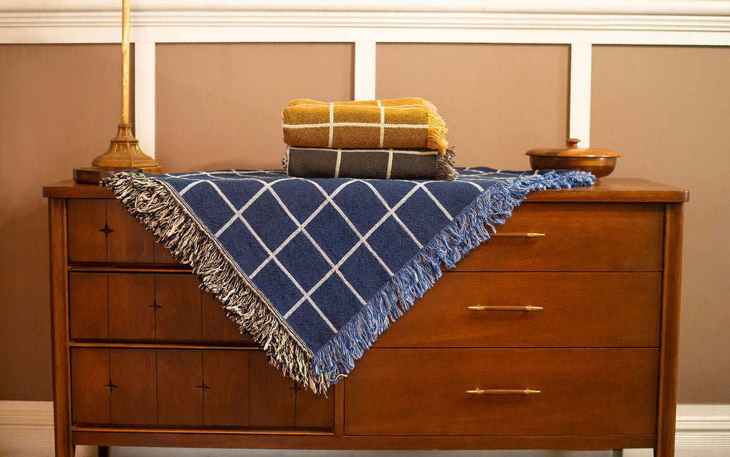Greer Lapis Blue Grid Jacquard Woven Throw Blanket, Reversible Cotton Throw, Made in USA