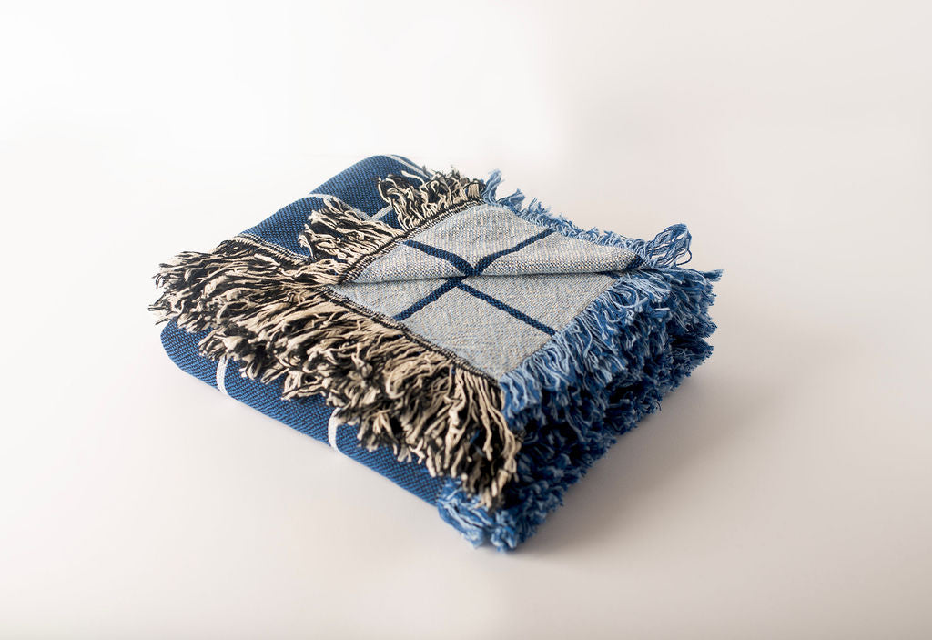 Greer Lapis Blue Grid Jacquard Woven Throw Blanket, Reversible Cotton Throw, Made in USA