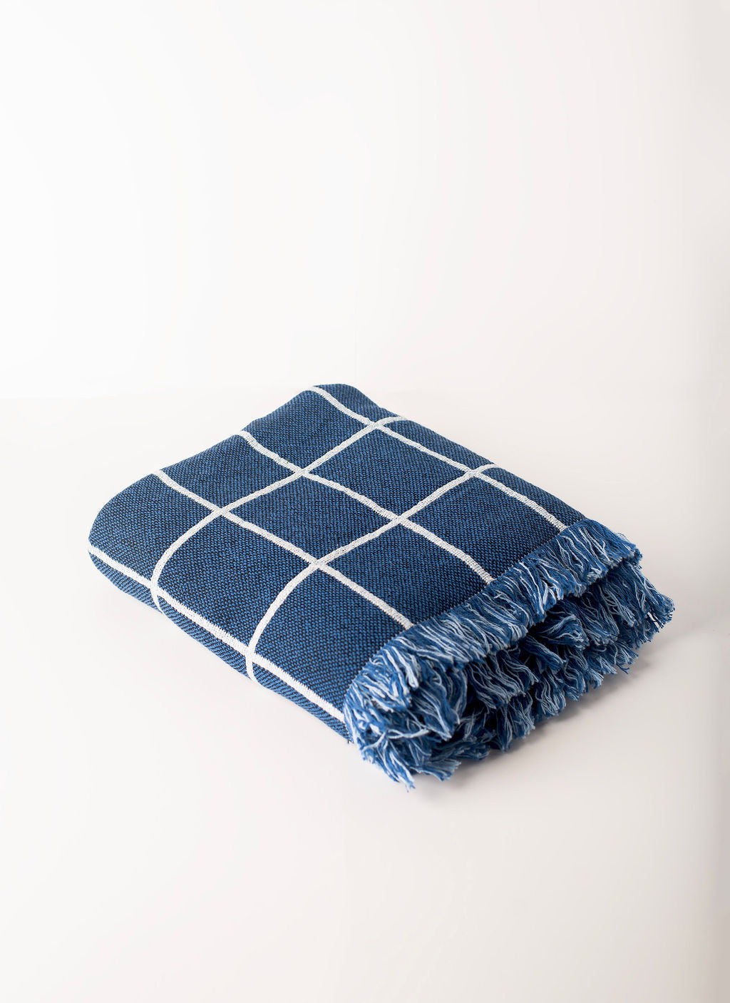 Greer Lapis Blue Grid Jacquard Woven Throw Blanket, Reversible Cotton Throw, Made in USA