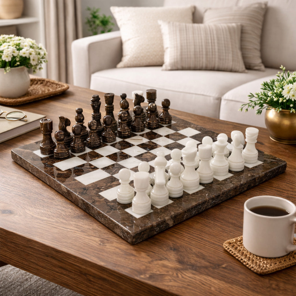 Grey Oceanic and White Marble Chess Set 12 Inches - Premium Handcrafted Design