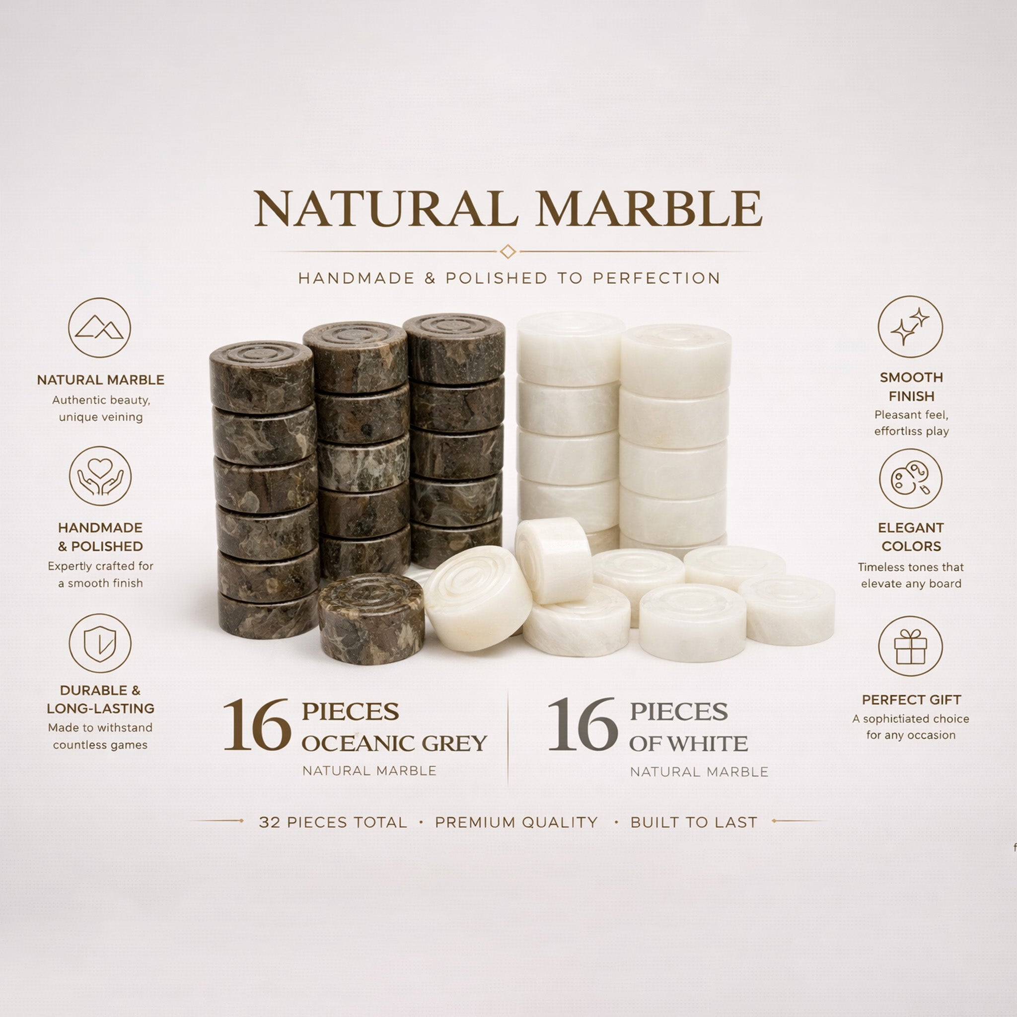 Grey Oceanic and White Marble Checkers Set – ( 32 Handcrafted Pieces )