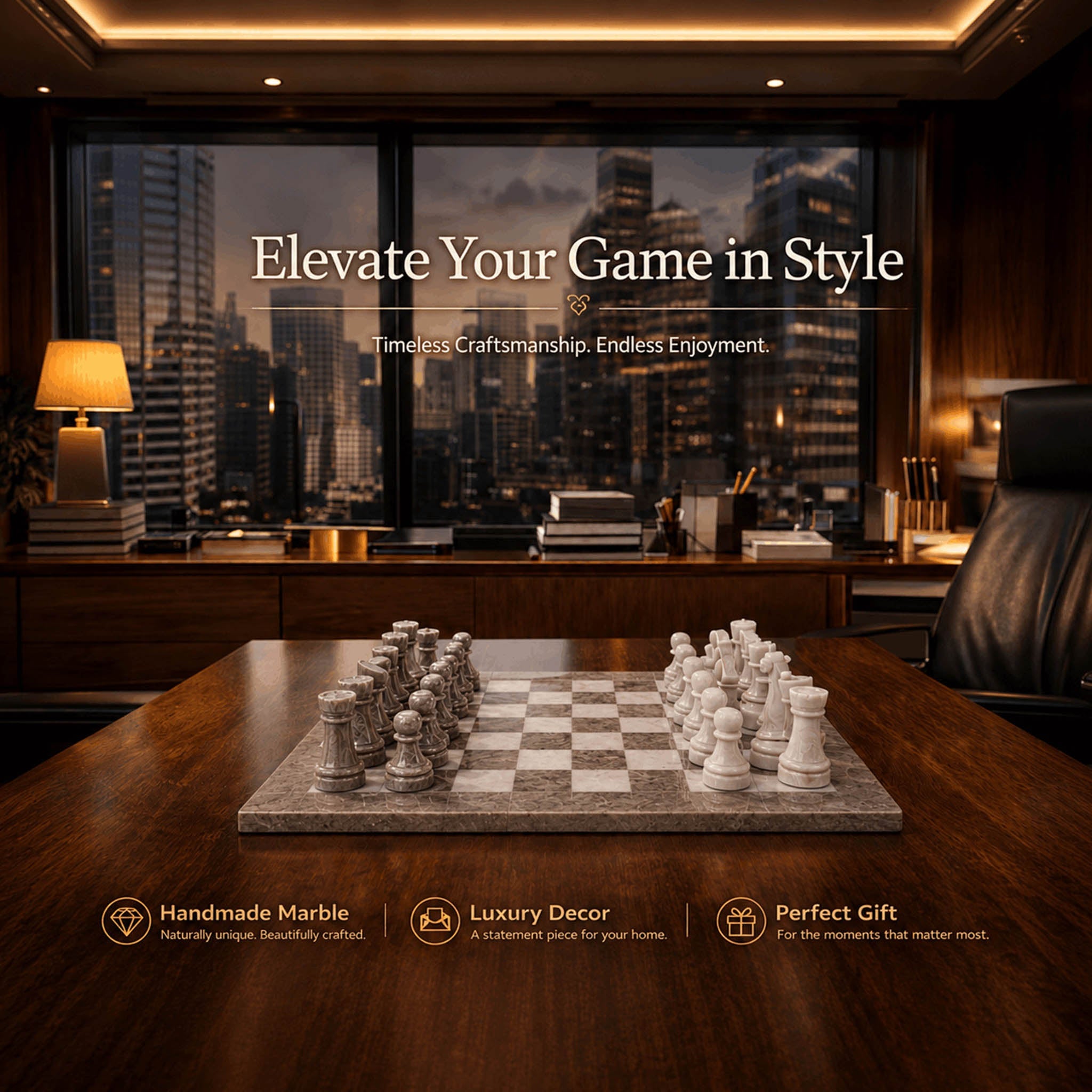 Grey Oceanic and White Marble Chess Set - 15 Inch Handcrafted Natural Stone