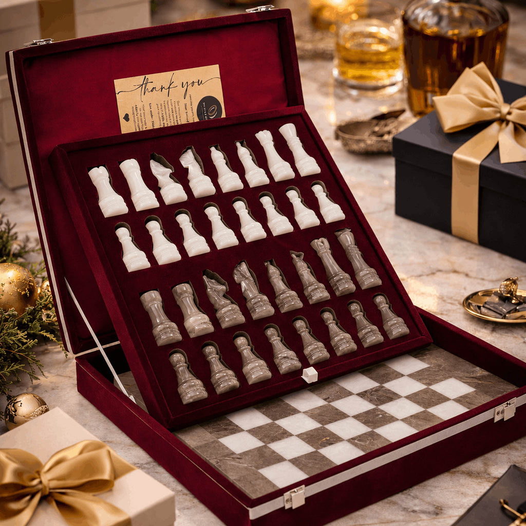 Grey Oceanic and White Marble Chess Set - 15 Inch Handcrafted Natural Stone