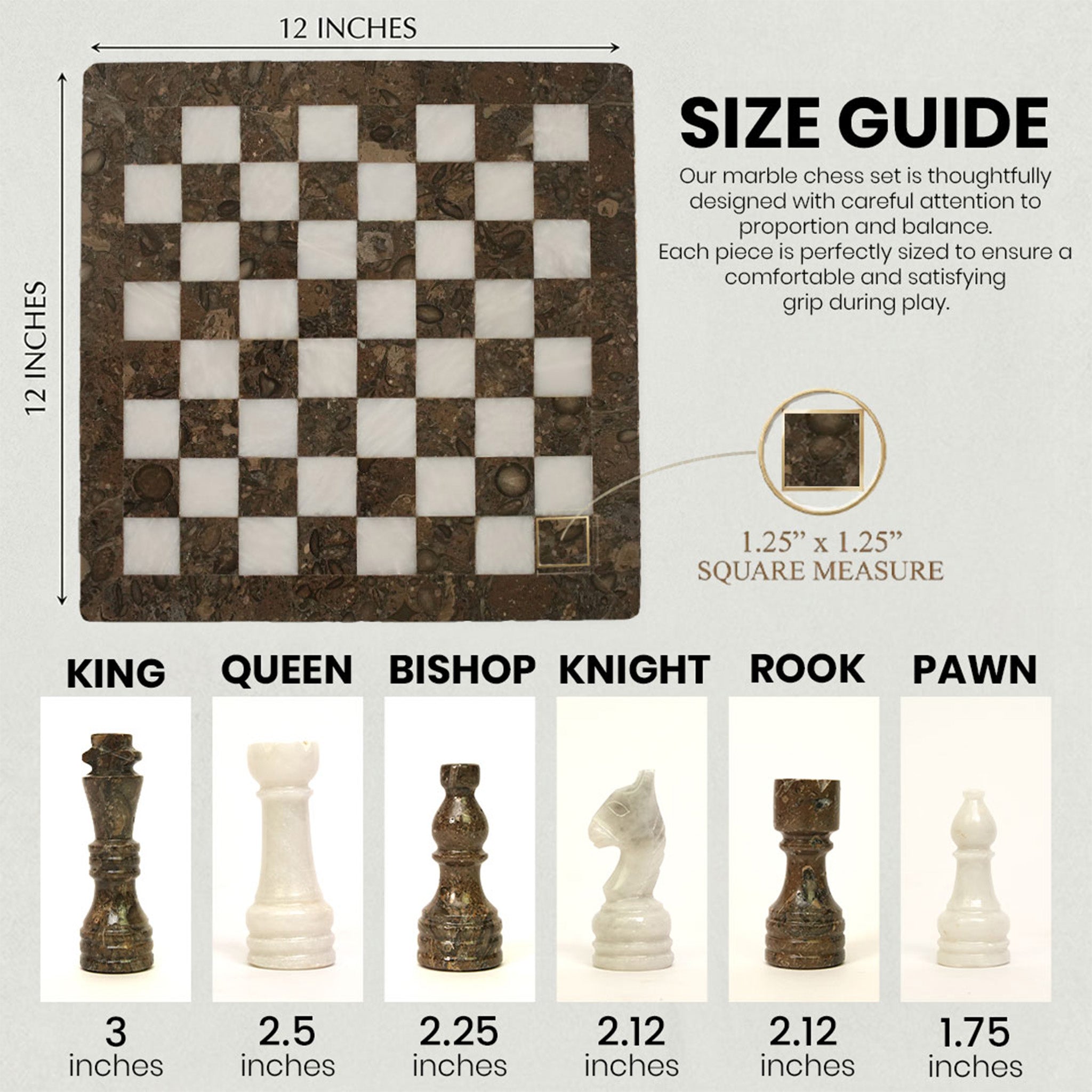 Grey Oceanic and White Marble Chess Set 12 Inches - Premium Handcrafted Design