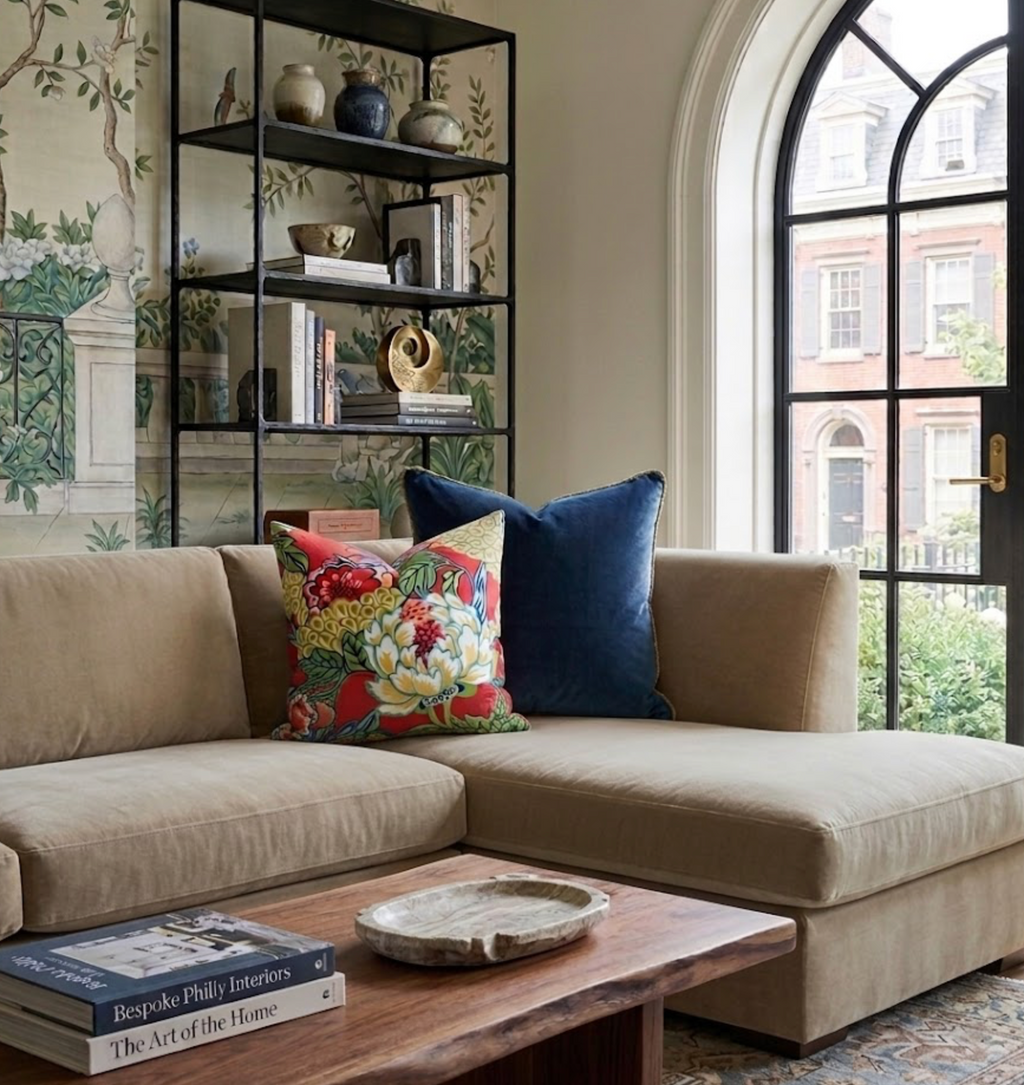 Honshu Pillow Cover in Coral and Green, Thibaut Pillows