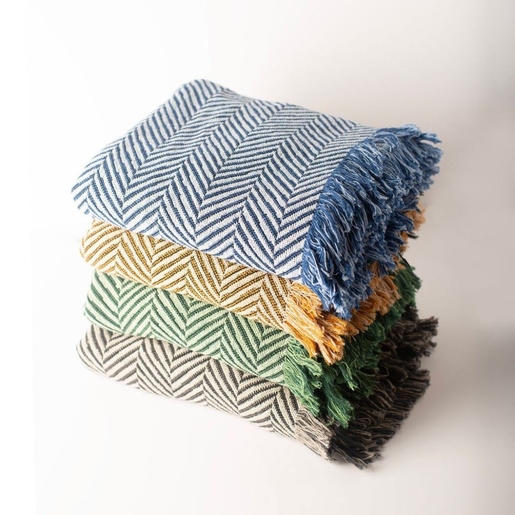 Henry Stone Neutral Herringbone Jacquard Woven Throw Blanket, Reversible Cotton Throw, Made in USA