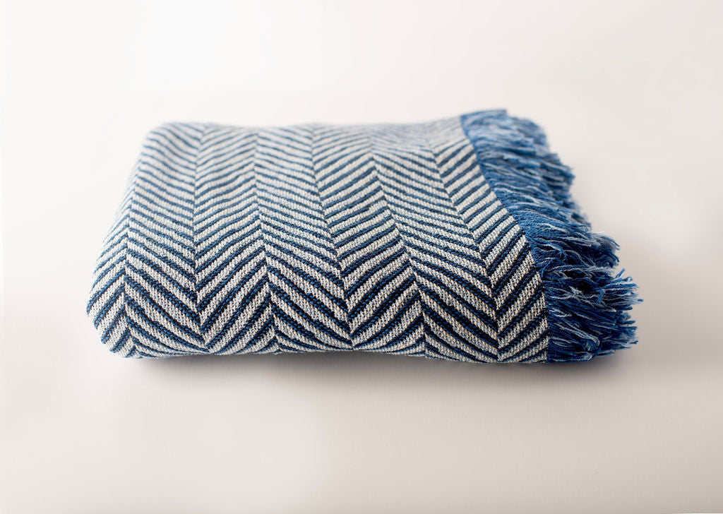Henry Chambray Blue Herringbone Jacquard Woven Throw Blanket, Reversible Cotton Throw, Made in USA