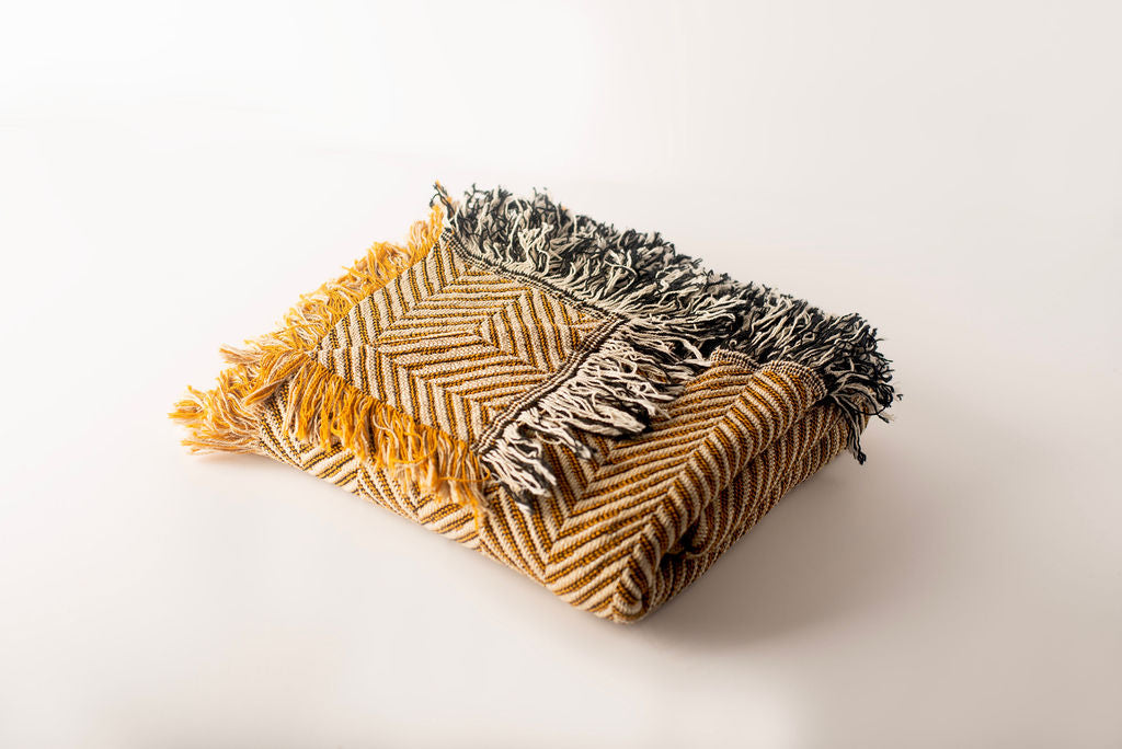 Henry Goldenrod Herringbone Jacquard Woven Throw Blanket, Reversible Cotton Throw, Made in USA