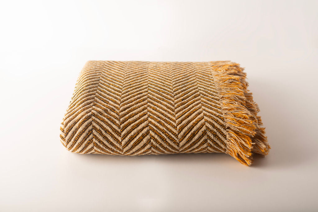 Henry Goldenrod Herringbone Jacquard Woven Throw Blanket, Reversible Cotton Throw, Made in USA