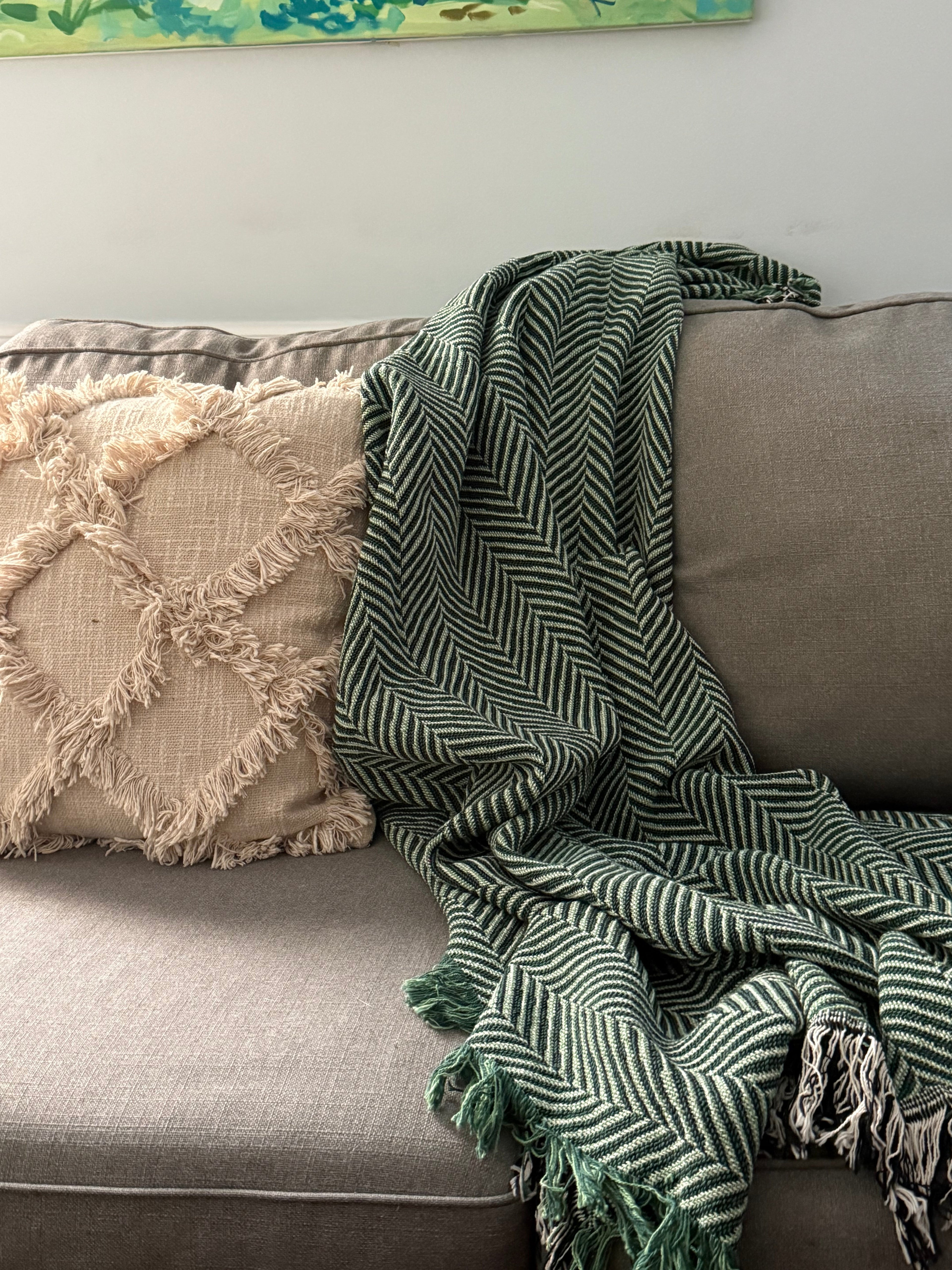 Henry Stone Neutral Herringbone Jacquard Woven Throw Blanket, Reversible Cotton Throw, Made in USA