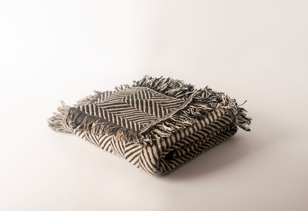 Henry Stone Neutral Herringbone Jacquard Woven Throw Blanket, Reversible Cotton Throw, Made in USA