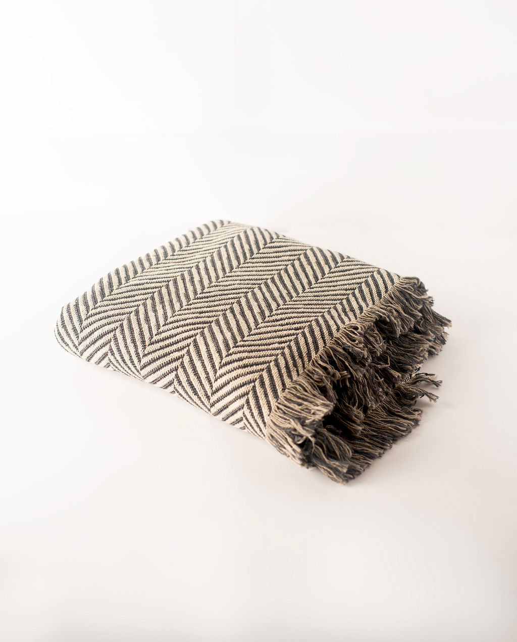 Henry Stone Neutral Herringbone Jacquard Woven Throw Blanket, Reversible Cotton Throw, Made in USA