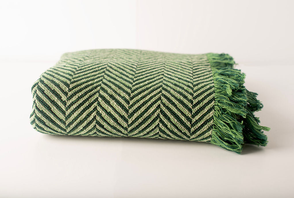 Henry Verbena Green Herringbone Jacquard Woven Throw Blanket, Reversible Cotton Throw, Made in USA