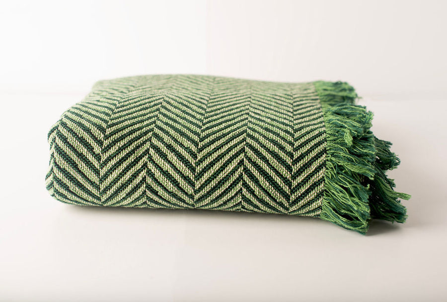 Henry Verbena Green Herringbone Jacquard Woven Throw Blanket, Reversible Cotton Throw, Made in USA
