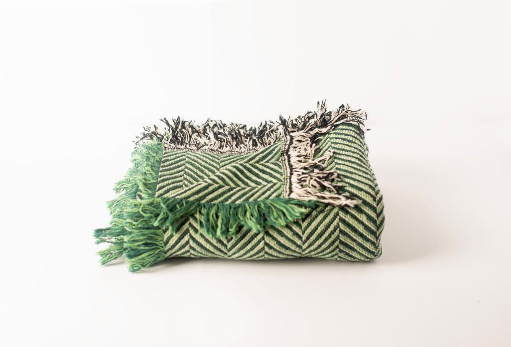 Henry Verbena Green Herringbone Jacquard Woven Throw Blanket, Reversible Cotton Throw, Made in USA