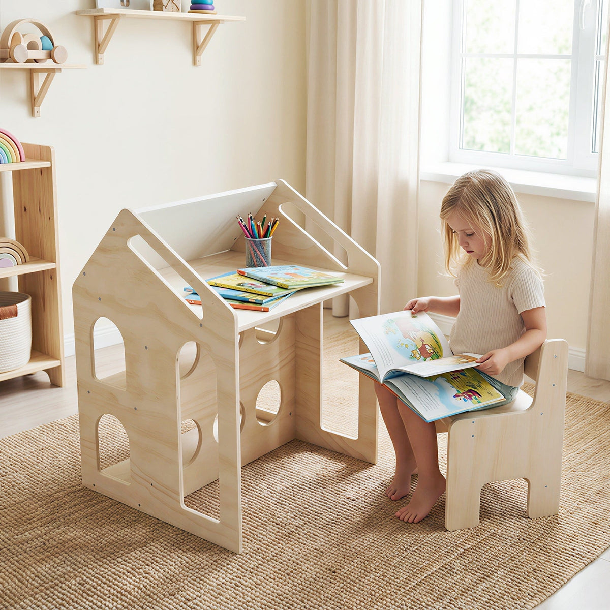 House-Shaped Kids Activity Table & Chair Set — Natural