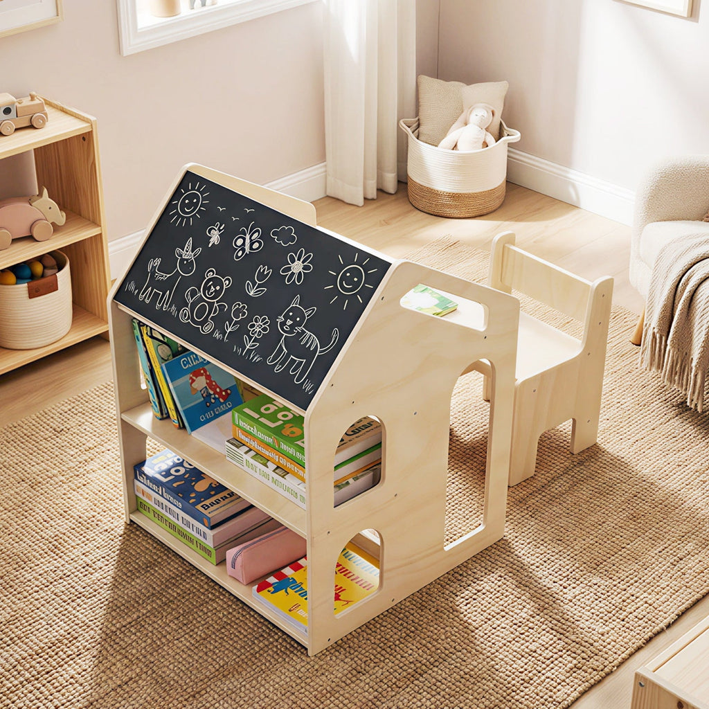 House-Shaped Kids Activity Table & Chair Set — Natural