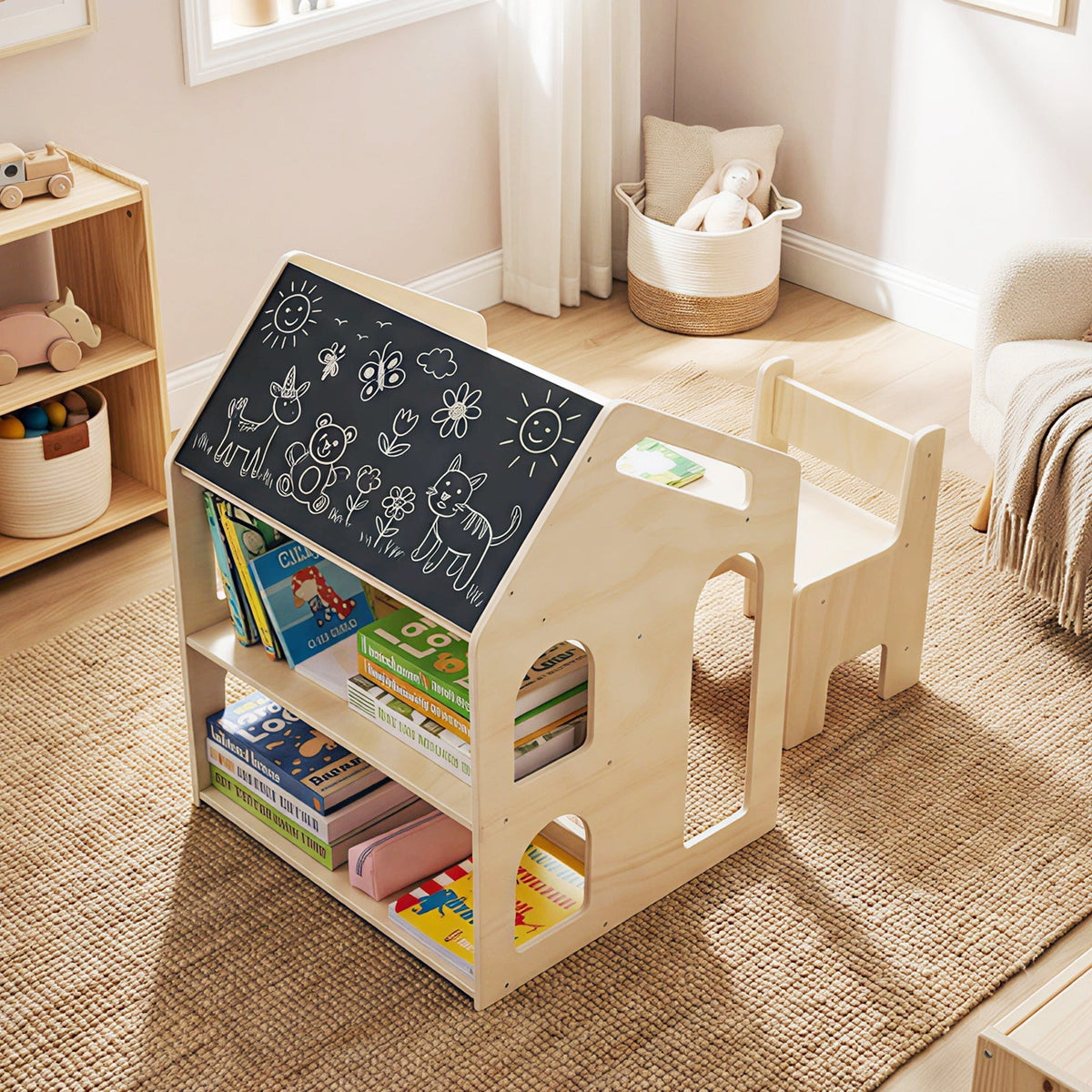House-Shaped Kids Activity Table & Chair Set — Natural