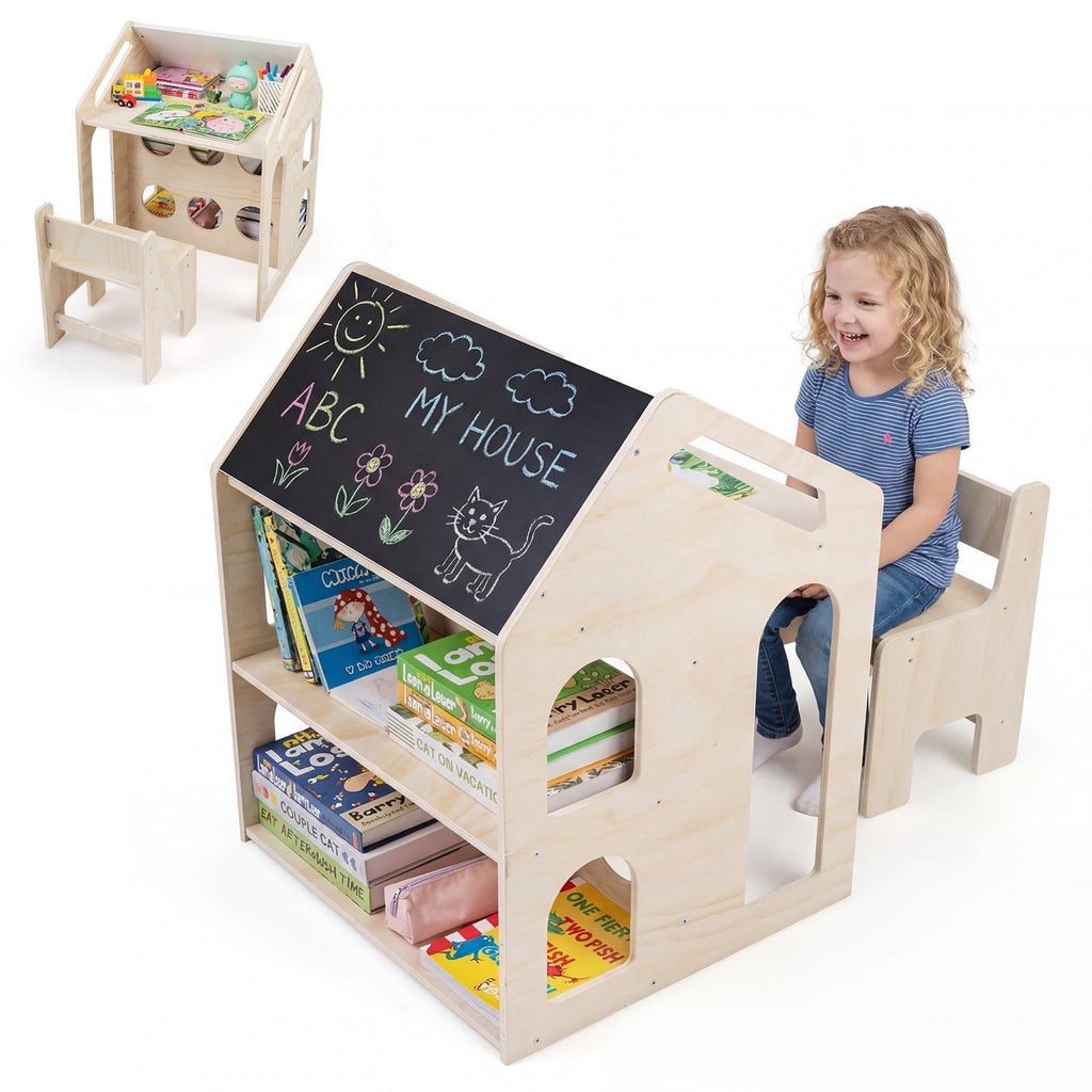 House-Shaped Kids Activity Table & Chair Set — Natural