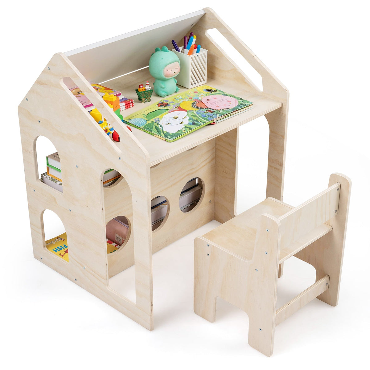 House-Shaped Kids Activity Table & Chair Set — Natural