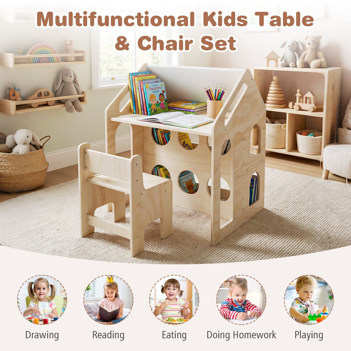 House-Shaped Kids Activity Table & Chair Set — Natural
