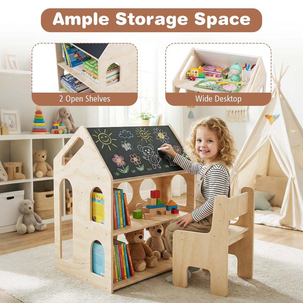 House-Shaped Kids Activity Table & Chair Set — Natural