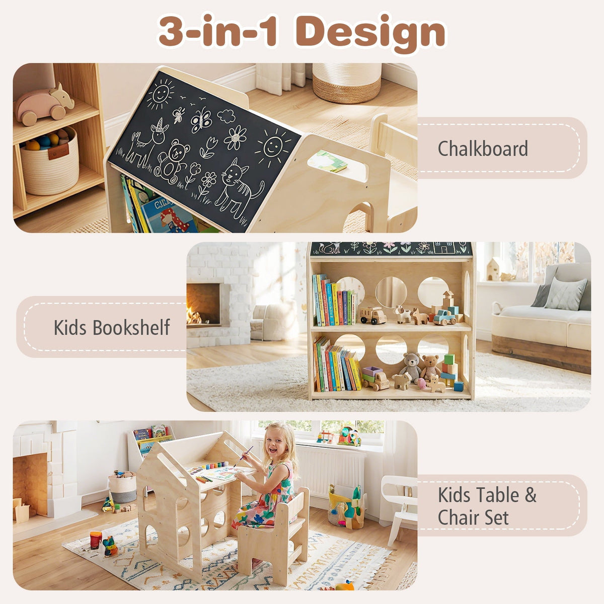 House-Shaped Kids Activity Table & Chair Set — Natural