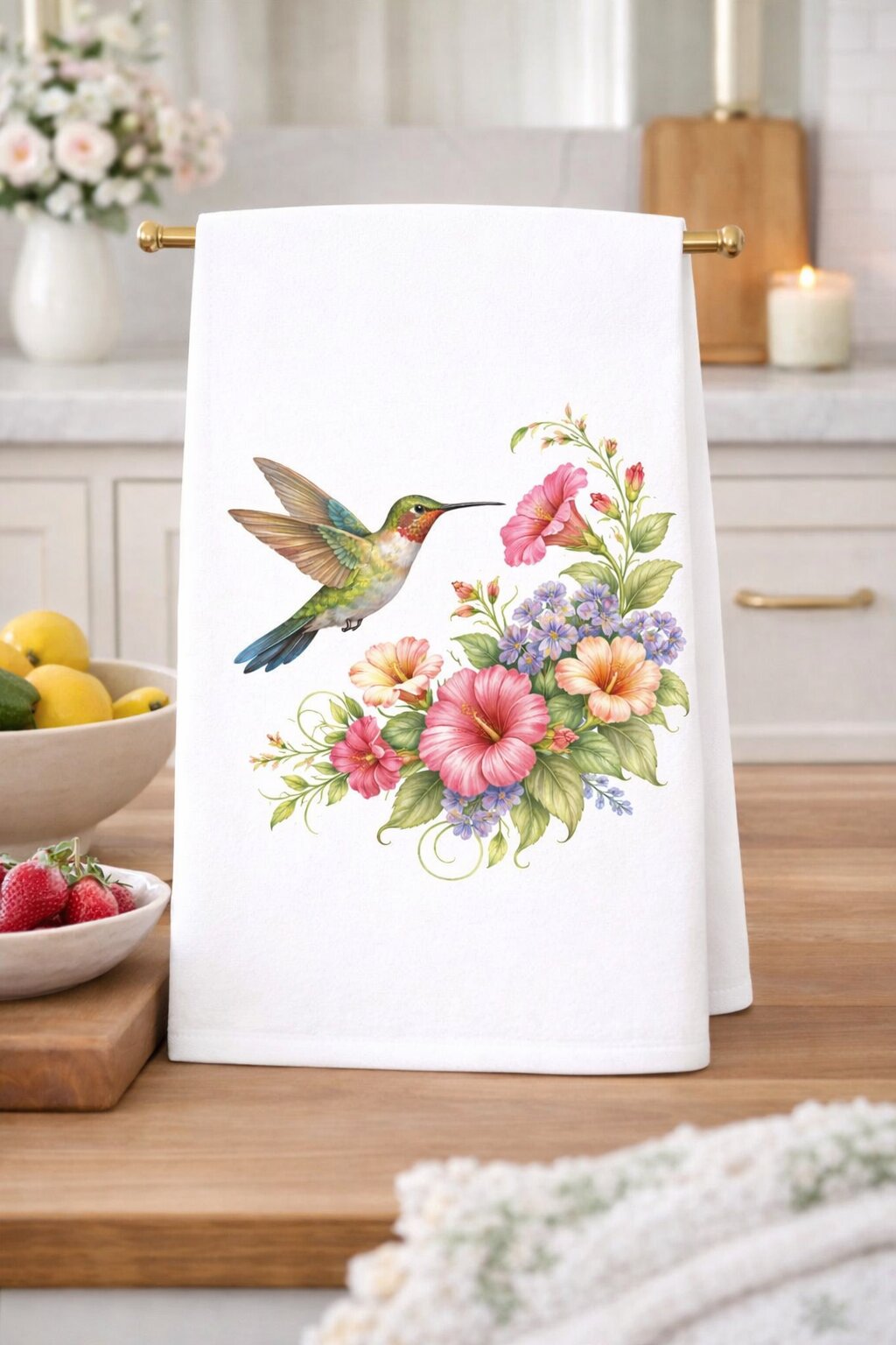 Hummingbird Spring Floral Kitchen Towel