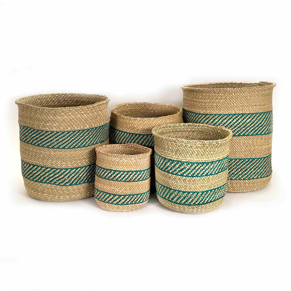 African Iringa woven basket with Turquoise Stripe