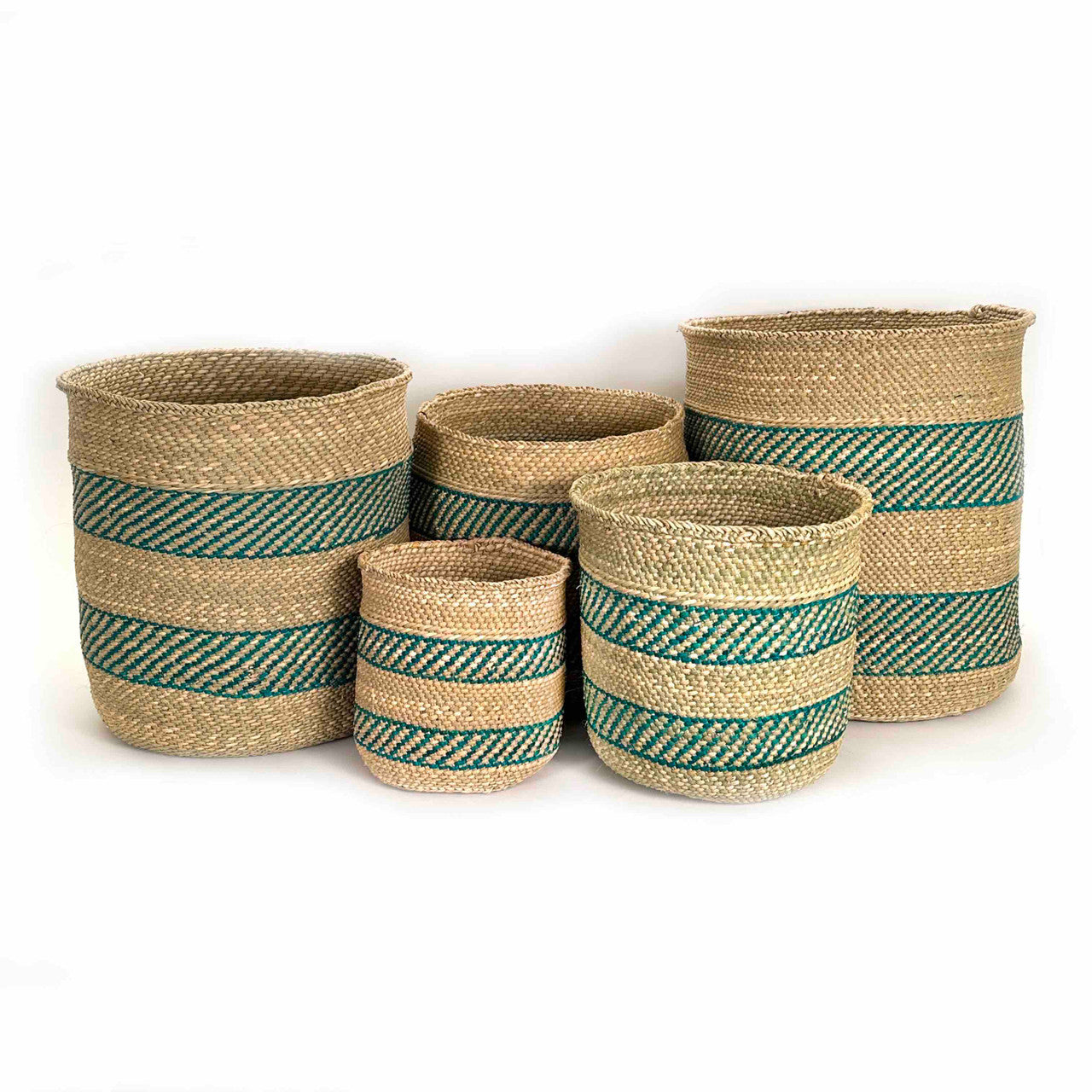 African Iringa woven basket with Turquoise Stripe