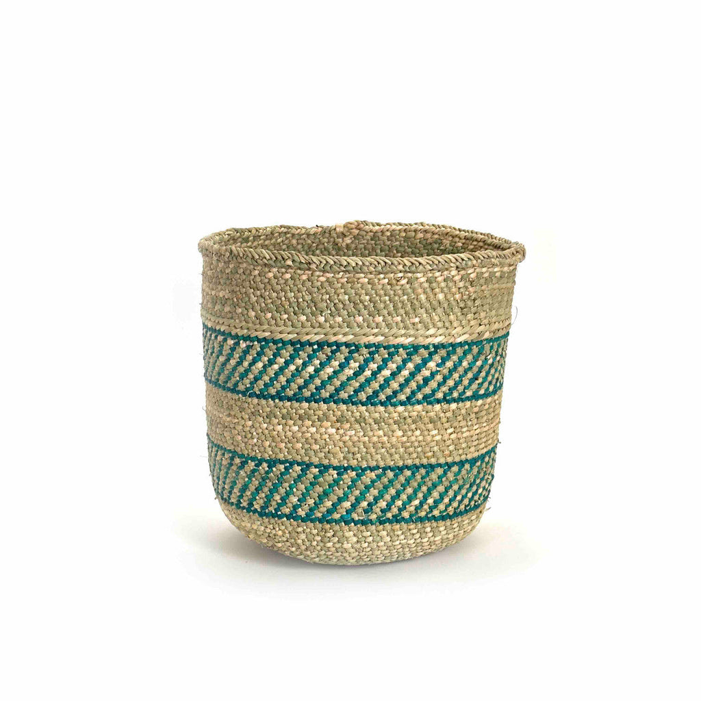 African Iringa woven basket with Turquoise Stripe