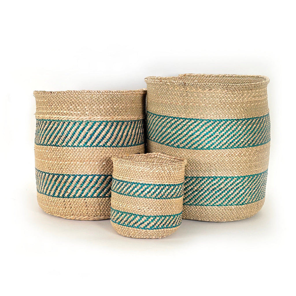 African Iringa woven basket with Turquoise Stripe