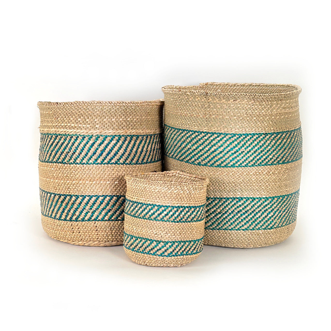 African Iringa woven basket with Turquoise Stripe