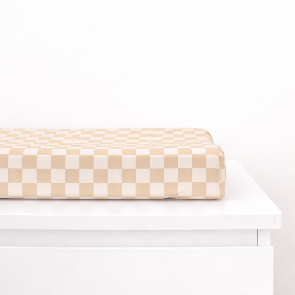 Beige White Checkered Changing Pad Cover