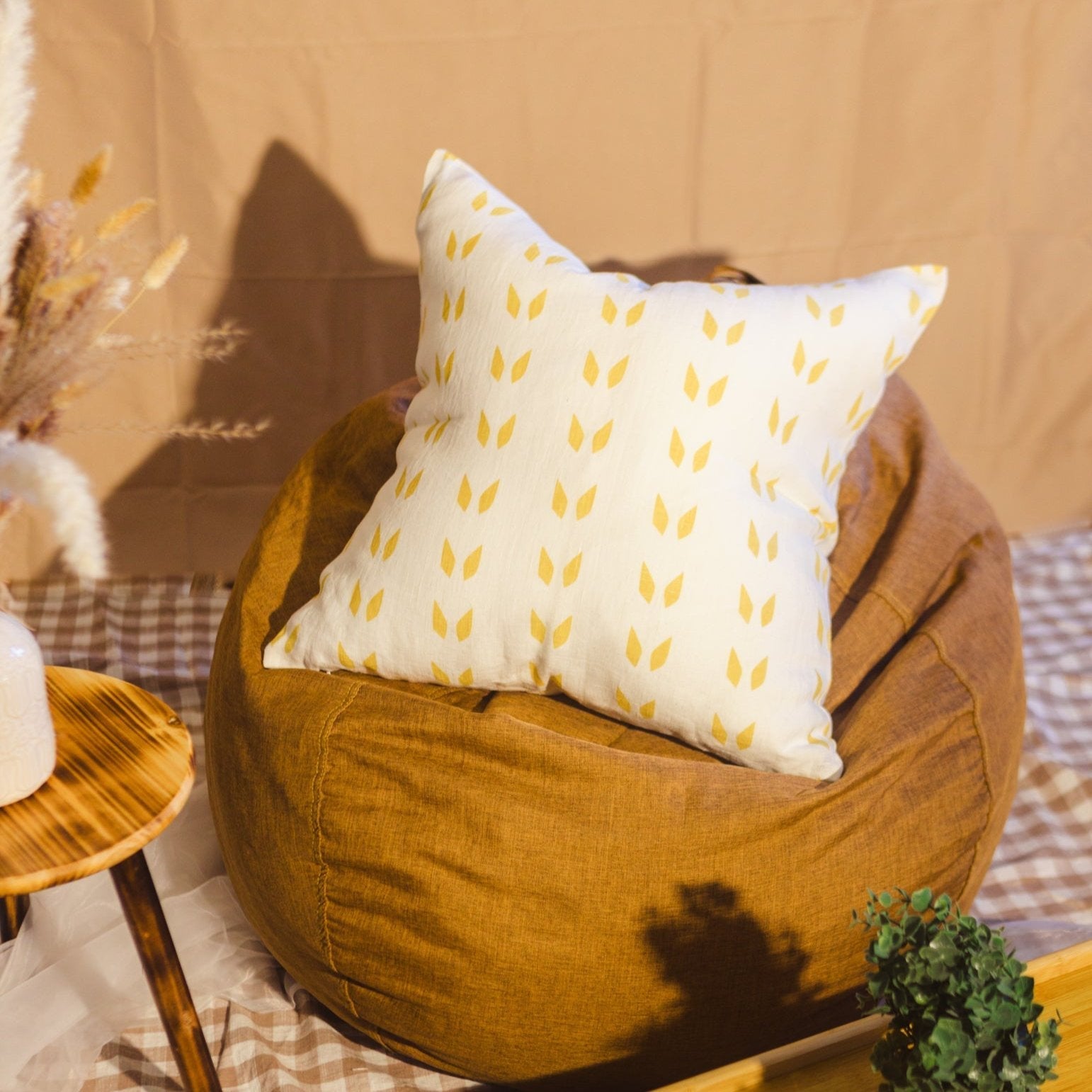Terra Linen Pillow Cover — White & Mustard