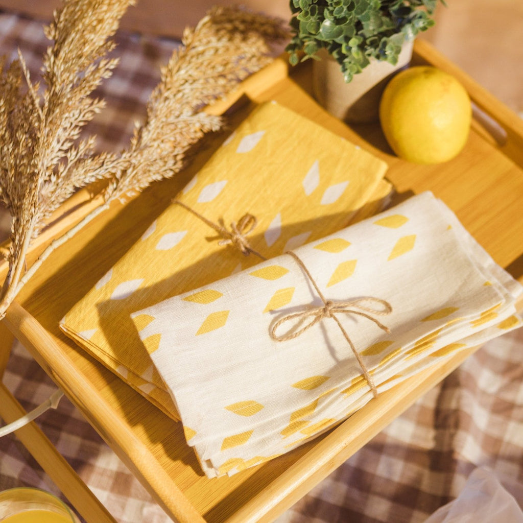 Terra Linen Table Napkins — Mustard & White, Set of 2