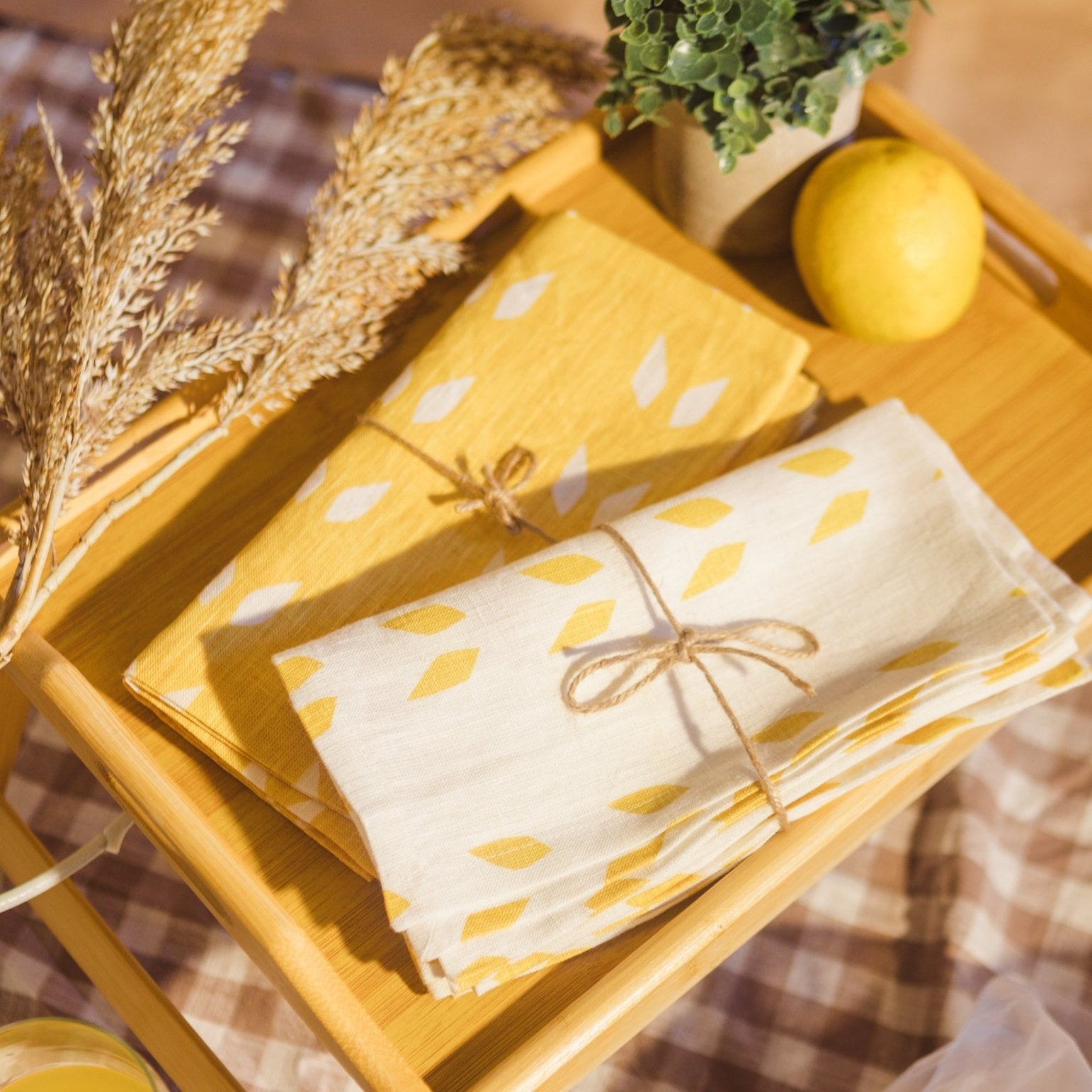 Terra Linen Table Napkins — Mustard & White, Set of 2