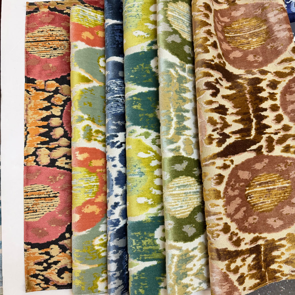 KAYA -IKAT EFFECT DESIGNER PATTERN CUT VELVET UPHOLSTERY FABRIC BY THE YARD
