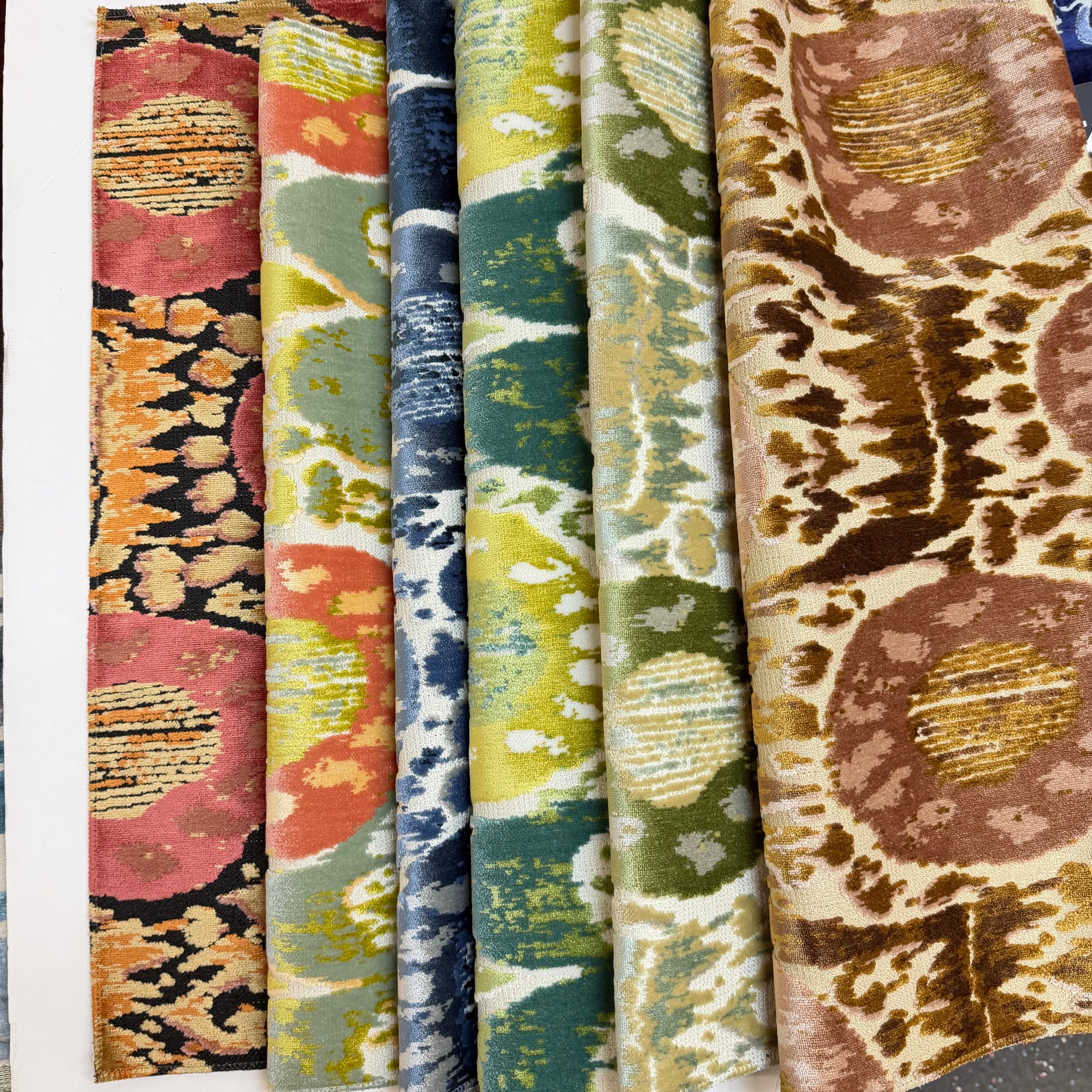 KAYA -IKAT EFFECT DESIGNER PATTERN CUT VELVET UPHOLSTERY FABRIC BY THE YARD