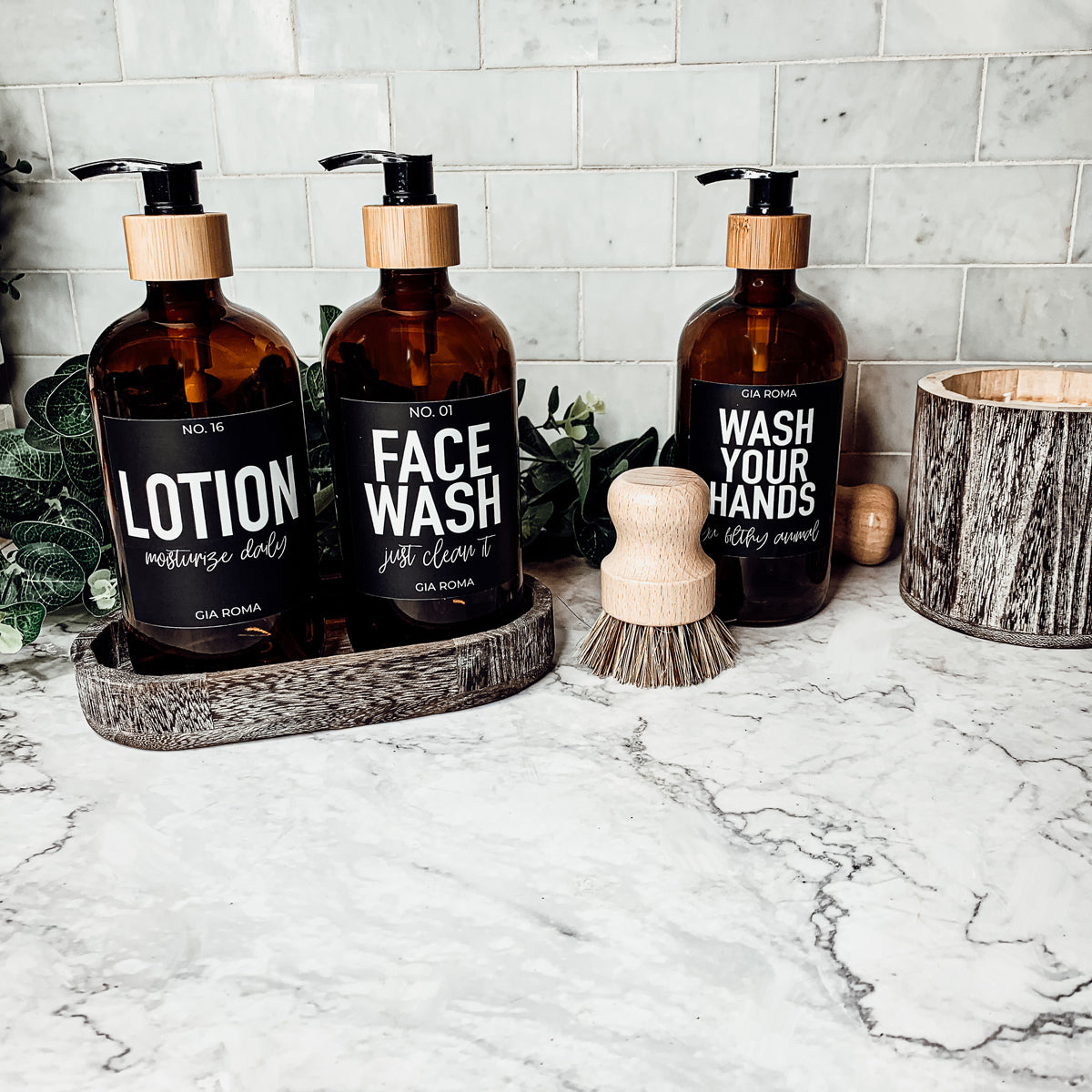 Amber Glass Refillable Soap Dispenser — 16 oz