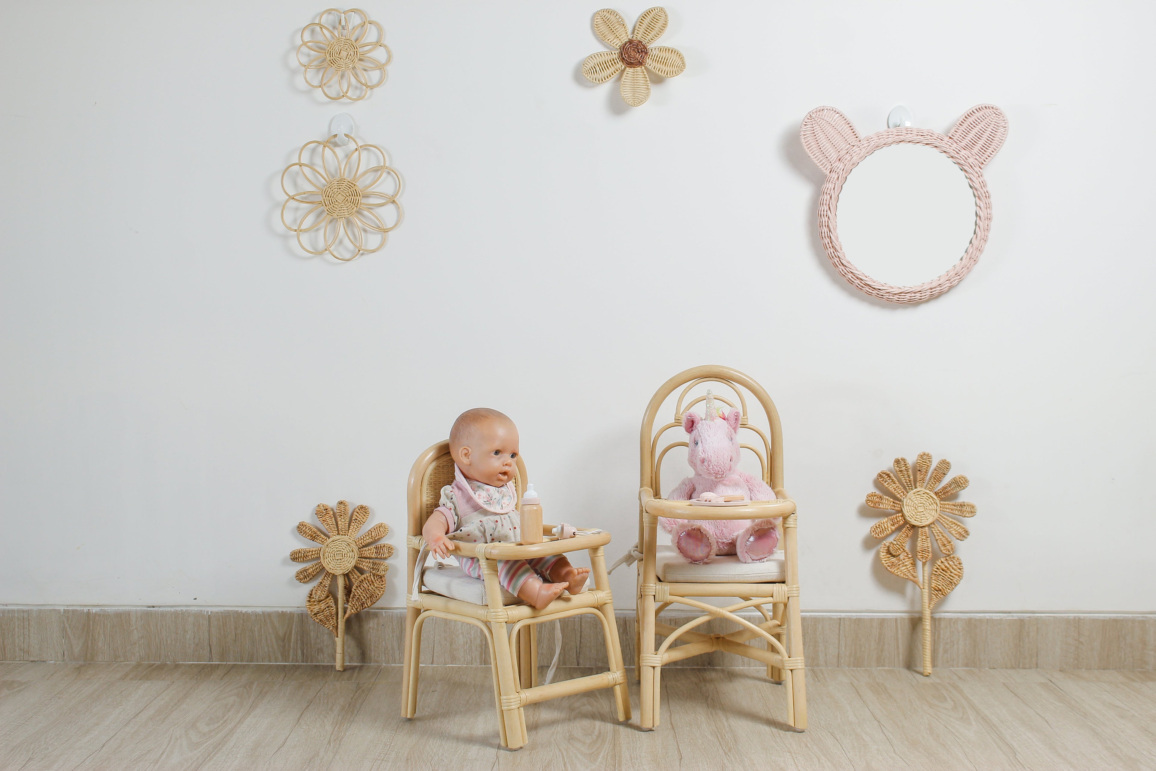 Pink Rattan Teddy Bear Wall Mirror