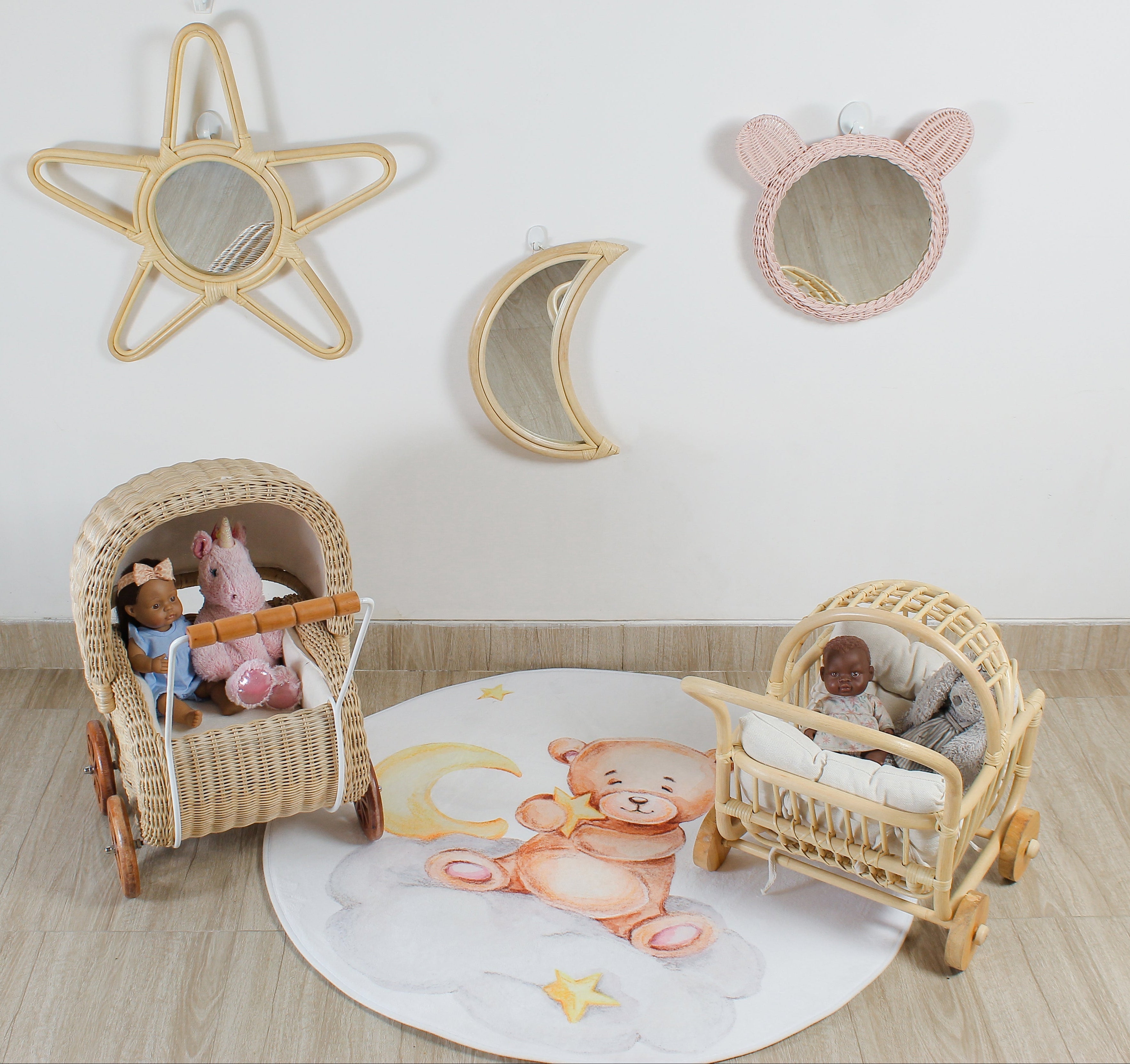 Pink Rattan Teddy Bear Wall Mirror