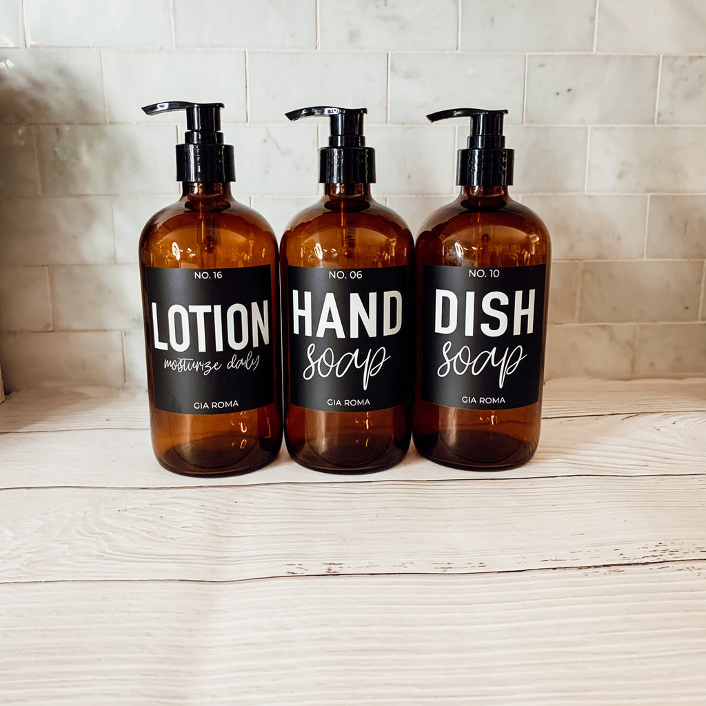 Amber Glass Refillable Soap Dispenser — 16 oz