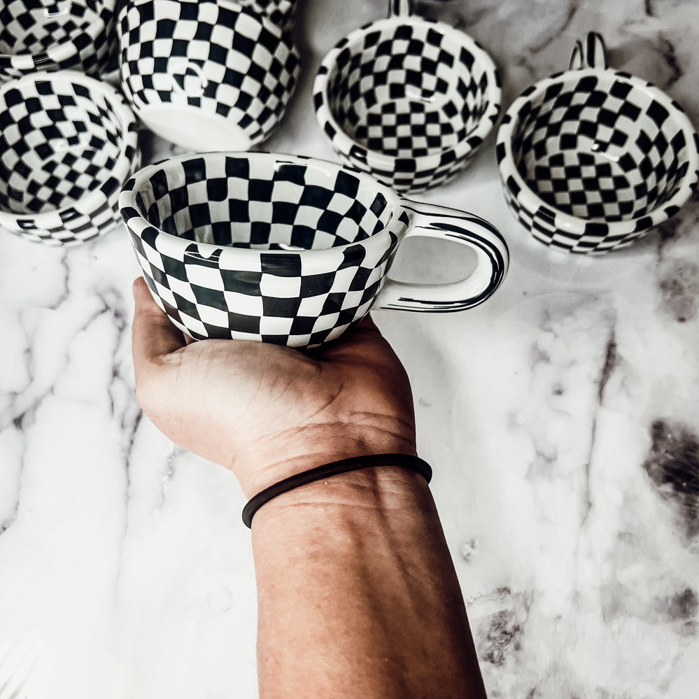 Black & White Checkered Ceramic Mug — 5 oz