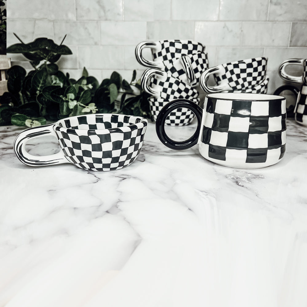 Black & White Checkered Ceramic Mug — 5 oz