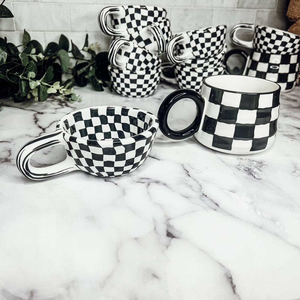 Black & White Checkered Ceramic Mug — 5 oz