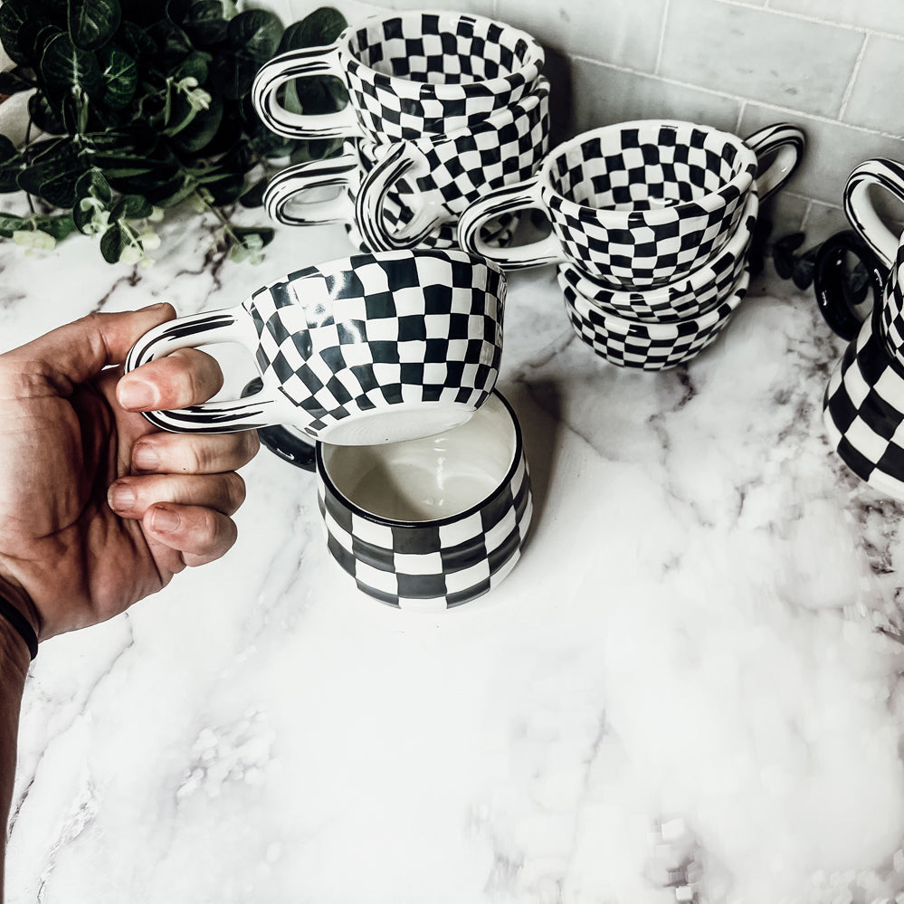 Black & White Checkered Ceramic Mug — 5 oz