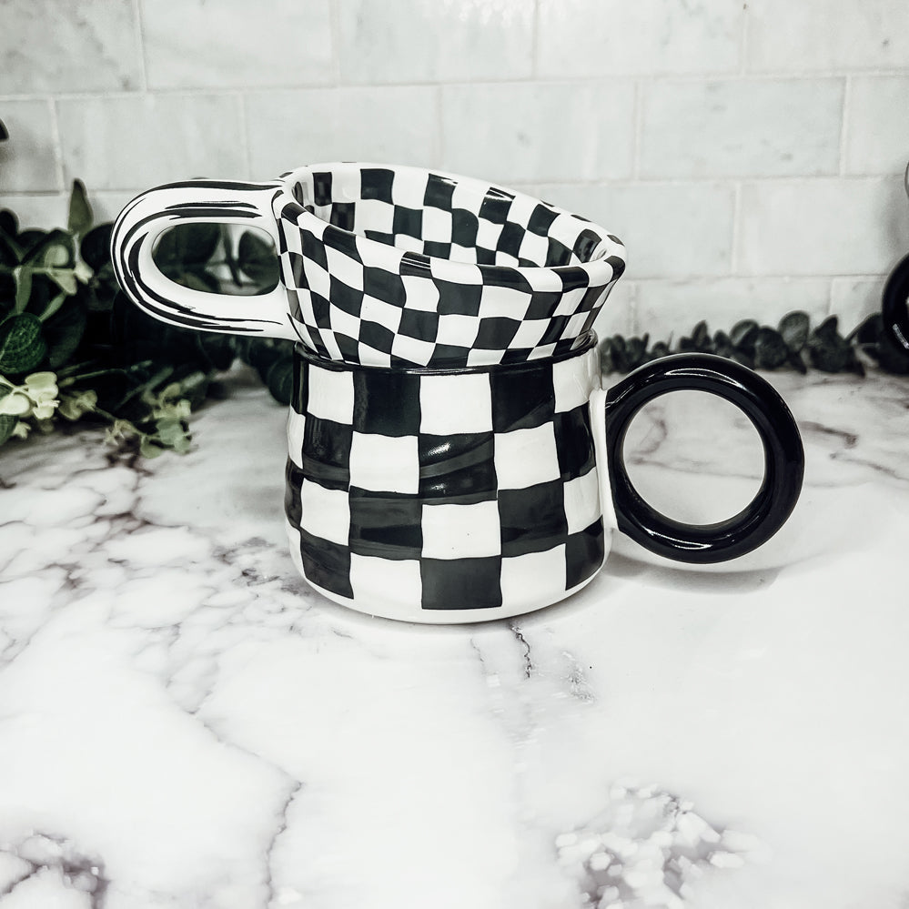 Black & White Checkered Ceramic Mug — 5 oz