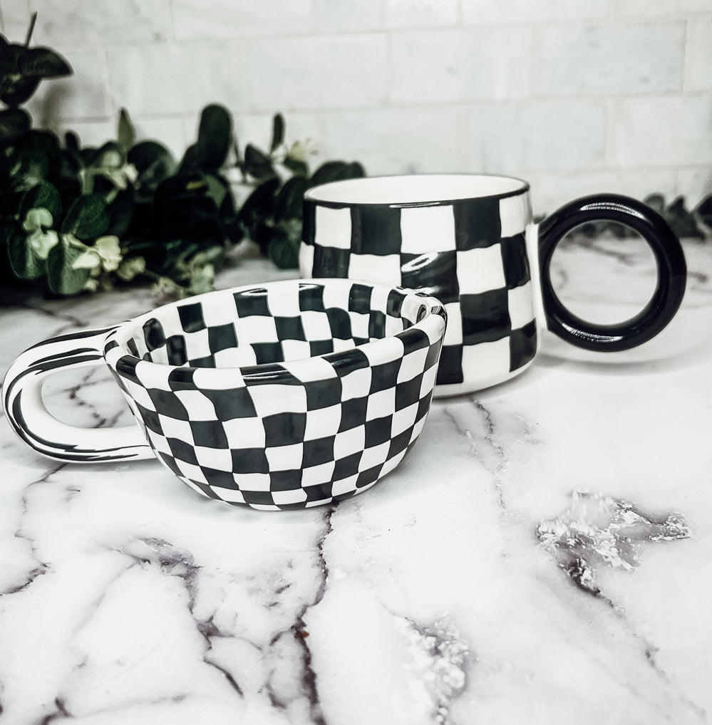 Black & White Checkered Ceramic Mug — 5 oz