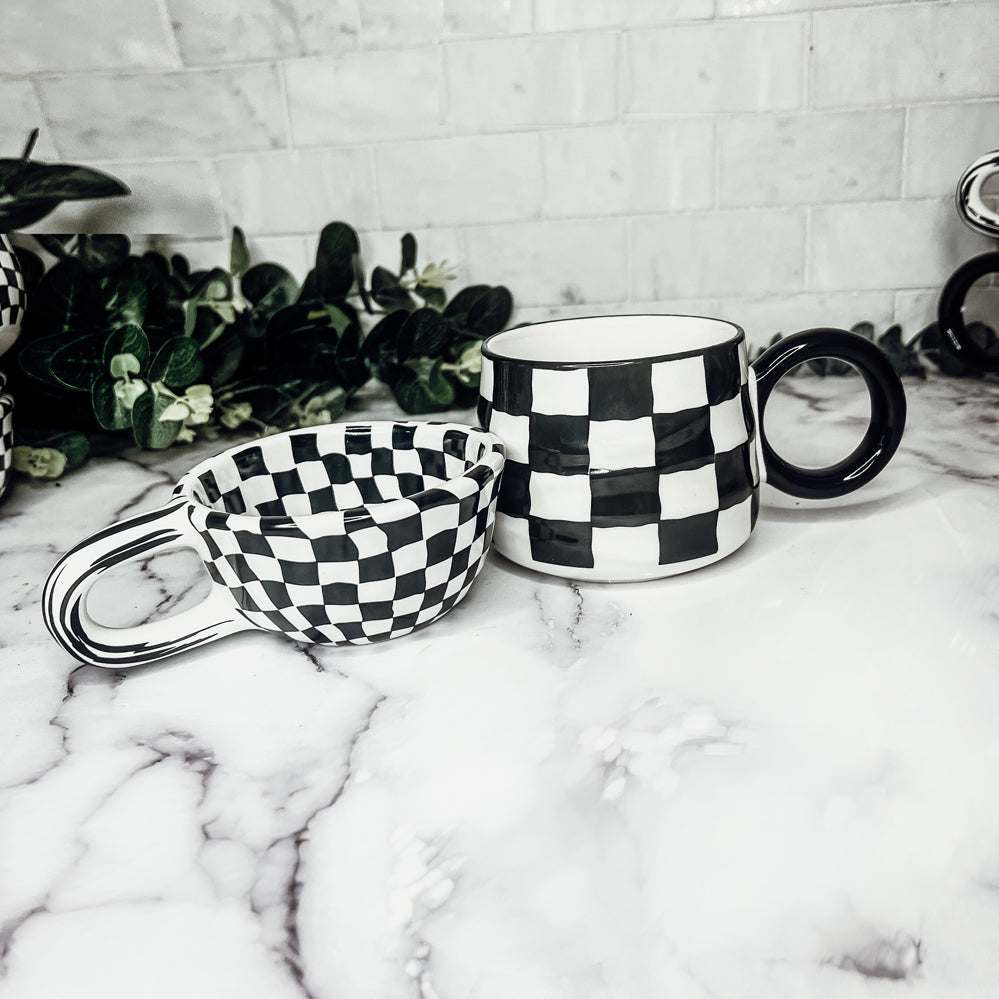 Black & White Checkered Ceramic Mug — 5 oz